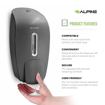Manual Soap Dispenser Wall Mount - Commercial Soap Dispenser Wall Mounted for Liquid Soap & Hand Sanitizer in Bathroom, Kitchen, Businesses Refillable Large 800 ml Capacity - Grey by Alpine Industries