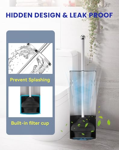 DOWRY Toilet Plunger with Holder for Bathroom | Hidden Toilet Bowl Cleaners Long Handle with Cover Powerful Force Suction Cup Heavy Duty Deep Cleaning Chrome 18.7In - color: Chrome