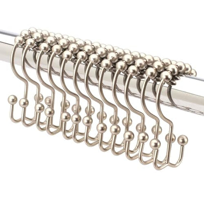 2lbDepot Double Sided Shower Curtain Hooks, Decorative Brushed Nickel Shower Curtain Hooks Rust Proof, Premium Stainless Steel Metal Hooks, Easy Glide Rollers, Set of 12 Curtain Rod Rings - color: Brushed Nickel