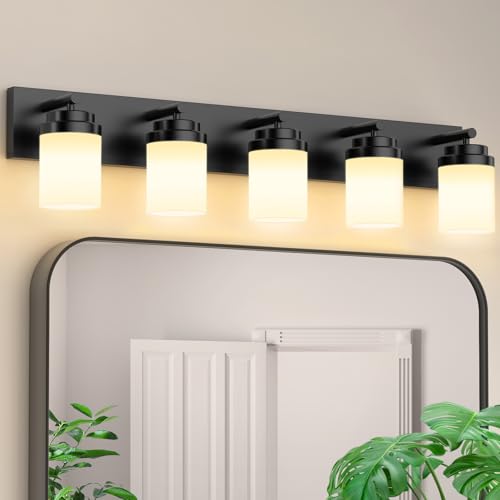 IZORRO Bathroom Vanity Light Fixture, 5-Light 36 Inch Matte Black Bathroom Light Fixtures Over Mirror, with White Glass Shade, Modern Farmhouse Vanity Lights, Rustic Restroom Lighting Fixtures - color: Black-White Glass Shade, size: 36 inch-5-Light