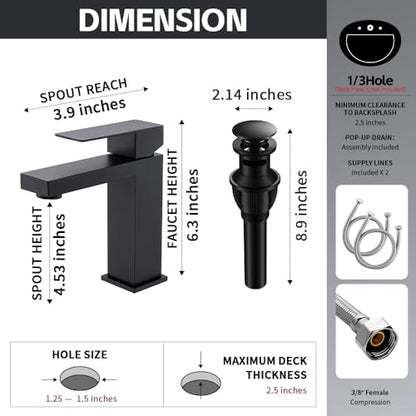 Matte Black Bathroom Faucet, Modern Single Handle Square Bathroom Sink Faucet with Pop Up Drain Assembly, Stainless Steel Vanity Bathroom Faucets, Single Hole Deck Mount,BF011B - color: S-Matte Black, style: Short