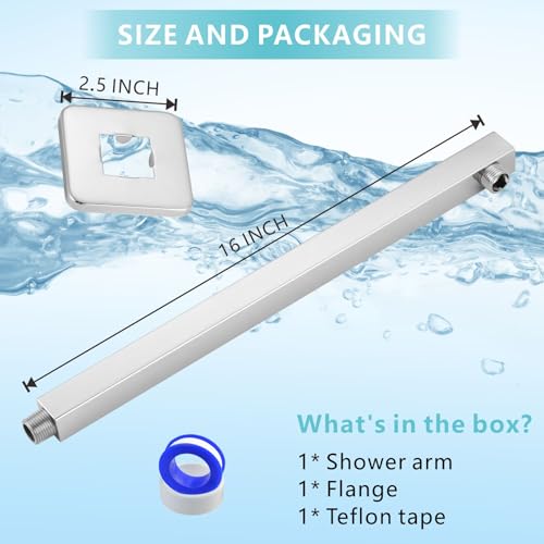 Shower Arm with Flange, 16 Inches Wall Mount Square Straight Extension Arm, Replacement of Fixed Rain Shower Head Pipe, Chrome - color: Chrome