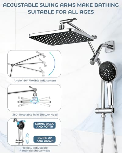 Shower Head with Handheld,High Pressure Chrome Slide Bar ShowerHead | Regaderas Para Shower,11.8" Rectangular,Rain Shower Head,Dual Shower Head,Bathroom Decor,Extension Arm,5 Spray Mode - color: C-Chrome, style: Rectangular 12"