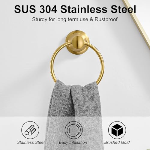 Towel Ring, Bathroom Hand Towel Holder Wall Mounted Brushed Gold | Modern Round, Heavy Duty Towel Rack Hanger, Hardware Accessory, SUS 304 Stainless Steel Rustproof for Bath, Kitchen, RV - color: Brushed Gold