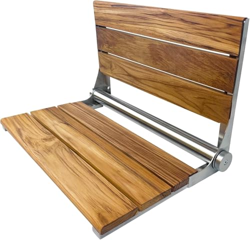 Teak Shower Seat Bench with Back, Brushed Stainless, 18 in | Wall Mounted Fold Up Shower Seat, Waterproof Teak Bath Chair for Seniors, 304 Stainless Steel, 300 lb Capacity - color: Brushed Finish, size: 18 Inch
