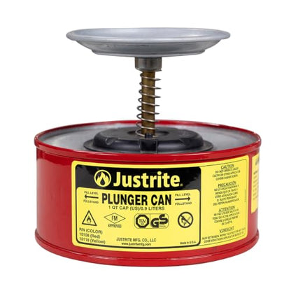 Justrite Plunger Can for Solvents, 1 Quart Capacity, Made in the USA, Red | 5.6" x 7.25", Solvent Dispenser Can, Galvanized Steel, Flame Arrester Screen, FM Approved