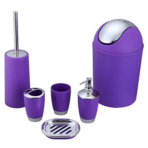 Bathroom Accessories Set, 6-Piece Plastic Gift Set, Toothbrush Holder, Toothbrush Cup, Soap Dispenser, Soap Dish, Toilet Brush Holder, Trash Can (Purple) - color: Purple