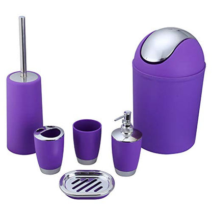Bathroom Accessories Set, 6-Piece Plastic Gift Set, Toothbrush Holder, Toothbrush Cup, Soap Dispenser, Soap Dish, Toilet Brush Holder, Trash Can (Purple) - color: Purple