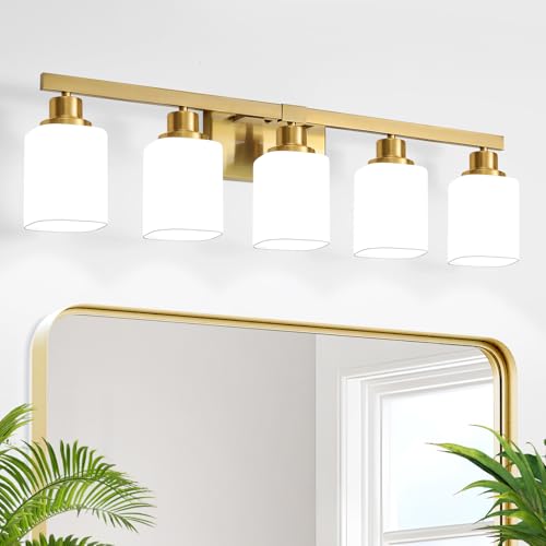 Brushed Gold Bathroom Vanity Light,5-Light Bathroom Light Fixtures with Square Frosted Glass,Gold Bathroom Wall Lamp Sconces for Mirror Bedroom,Living Room Hallway,E26 - color: Gold, size: 5-Light