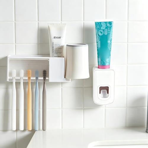 5 Slots Wall Mount Toothbrush Holder with Cover, Self Adhesive Toothbrush Storage Organizer for Shower, Toothbrush Cup Hanger with Automatic Toothpaste Squeezer Dispenser (White) - color: White Combination