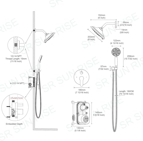SR SUN RISE Shower Faucet - 8 Inch Multifunctional High Pressure Shower Head System with Handheld Shower Head Fixtures - Valve Included - Matte Black - color: Matte Black, size: 8 Inch