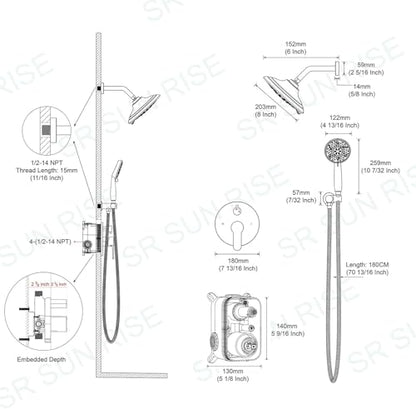 SR SUN RISE Shower Faucet - 8 Inch Multifunctional High Pressure Shower Head System with Handheld Shower Head Fixtures - Valve Included - Brushed Nickel - color: Brushed Nickel, size: 8 Inch