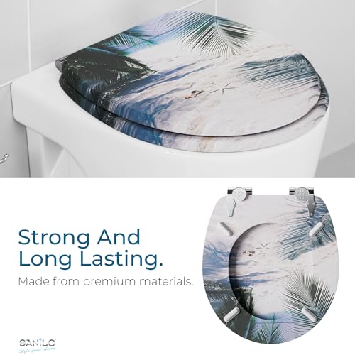 SANILO Wooden Toilet Seat with Soft Close [ROUND] - Decorative, Quiet & Slow Close Molded Wood Seat - With Strong Bumpers & Hinges - Adjustable Fit – Beach - color: Beach