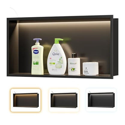 Qeke 24" X 12" Stainless Steel Shower Niche w/ 3 CCT Dimmable Light, Black | No Tile Needed Wall Niche, Recessed Niche w/ Light(3000K/4000K/6000K), IP66 Waterproof, Space Saving & Durable - color: Matte Black, size: 24" X 12"