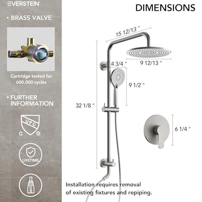 10 Inch High Pressure Rainfall Shower System with Slide Bar, Wall Mount Bathroom Round Shower Faucet Set with Valve, Brushed Nickel - color: Brushed Nickel