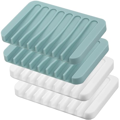 4PCS Premium Silicone Self-Draining Soap Holders, Waterfall Drainer Soap Savers for Bathroom, Kitchen & Bath Tub - Extends Soap Life, Easy Clean (White & Teal) - color: White & Teal