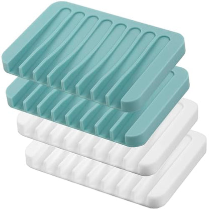 4PCS Premium Silicone Self-Draining Soap Holders, Waterfall Drainer Soap Savers for Bathroom, Kitchen & Bath Tub - Extends Soap Life, Easy Clean (White & Teal) - color: White & Teal