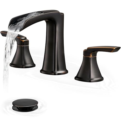 Brass Waterfall Faucet, Oil Rubbed Bronze Bathroom Sink Faucet, 4-16 Inch Widespread Bathroom Faucet, 2 Handle Bathroom Faucets for Sink 3 Hole with Overflow Pop-up Drain for Farmhouse Apartment - color: Oil Rubbed Bronze