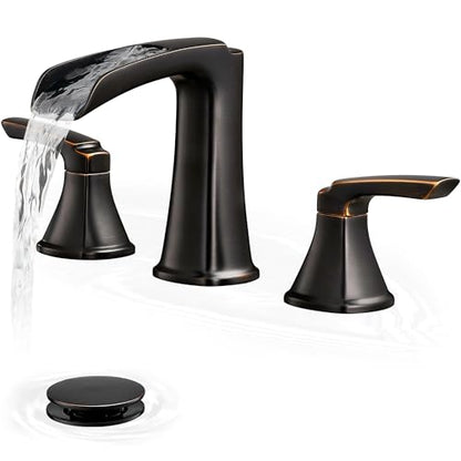 Brass Waterfall Faucet, Oil Rubbed Bronze Bathroom Sink Faucet, 4-16 Inch Widespread Bathroom Faucet, 2 Handle Bathroom Faucets for Sink 3 Hole with Overflow Pop-up Drain for Farmhouse Apartment - color: Oil Rubbed Bronze