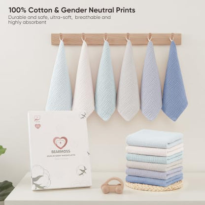 Bearmoss 12 Pack Baby Muslin Washcloths, 100% Cotton 10"x10" Face Towels | Soft Absorbent Bath Wash Cloths and Burp Cloths for Newborn Infants Kids Girls & Boys (Blue Gray) - color: Blue Gray