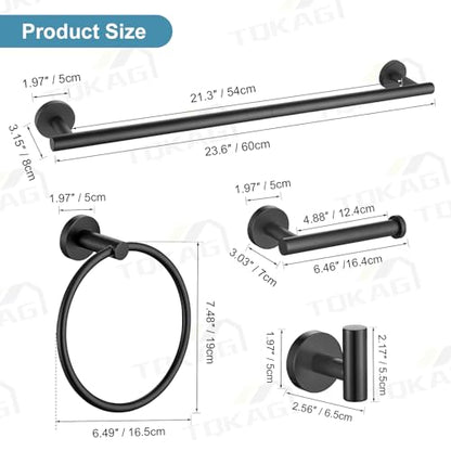 TQKAG Matte Black Bathroom Hardware Set 6-Piece Bathroom Accessory Set 23.6 Inch Round Stainless Steel Towel Bar Set Wall Mounted - color: Matte Black, size: 6-Pieces Set