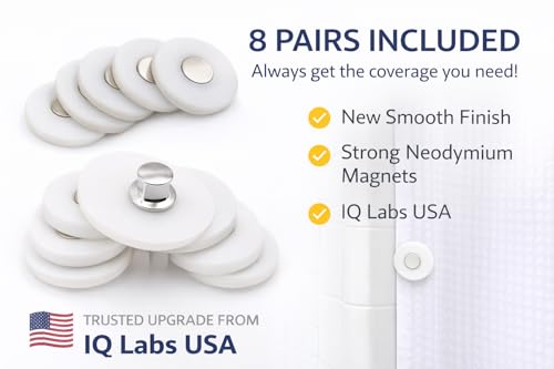 Shower Curtain Magnets – No Splash Shower Curtain Clips | Keeps Curtain Closed to Wall | Strong N52 Magnets | 8 Pairs | by IQ Labs