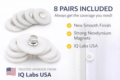 Shower Curtain Magnets – No Splash Shower Curtain Clips | Keeps Curtain Closed to Wall | Strong N52 Magnets | 8 Pairs | by IQ Labs