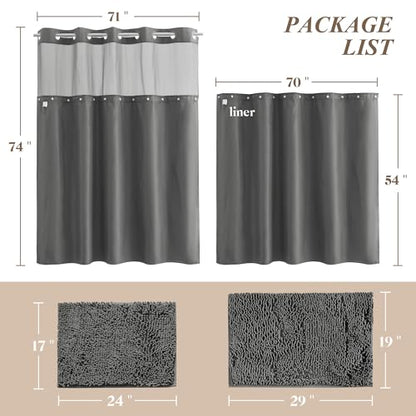 Barossa Design 3 Pcs 71x74 No Hook Shower Curtain Set with Rugs Grey | Mesh Window Top, 17Wx24L plus 19Wx29L Chenille Non-Slip Bath Mat, Snap-in Liner - color: Grey