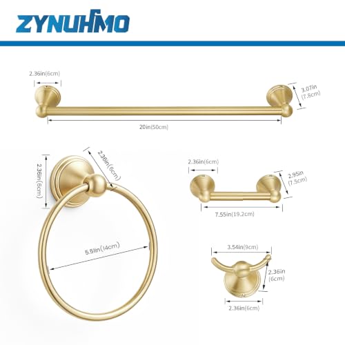 4-Piece Bathroom Hardware Accessories Kit, Zynuhmo Brushed Gold Towel Bar Set Wall Mounted with 20'' Towel Bar, Towel Ring & Toilet Paper Holder, Robe Hook Set Fixtures for Modern Farmhouse Bathroom - color: Brushed Gold