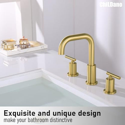 ChiLDano Brushed Gold Bathroom Faucets 3 Hole with Drain and Supply Hose | 2 Handles Brushed Gold Widespread Bathroom Faucet for Sink 3 Hole, 8 inch Bathroom Sink Countertop Faucet Matte Gold CH3166BG - color: Brushed Gold