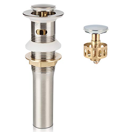 Bathroom Sink Pop Up Drain with Overflow, Strainer, Brushed Nickel | Solid Brass with Detachable Basket Strainer; 7 in. Closed/7.5 in. Open; 1-1/2 in. Min Drain Opening; Push-button Stopper - color: Brushed Nickel, size: Small Popup Cap