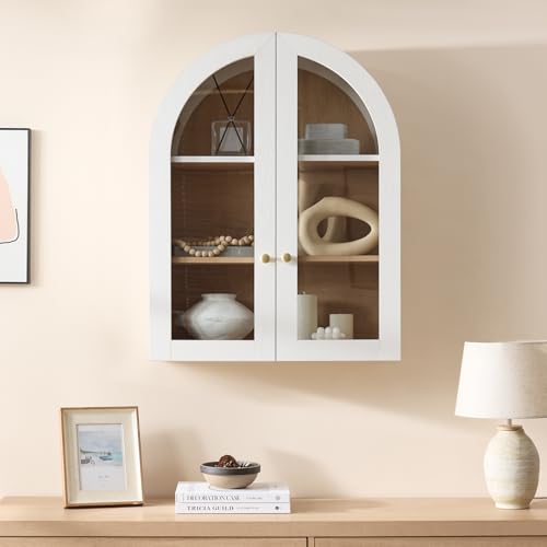 Bathroom Arched Wall Cabinet, 23.5'' Wide Medicine Cabinet, Bathroom Cabinet Wall Mount with Glass Doors & Adjustable Shelves, Over The Toilet Storage Cabinet for Laundry Room, Bedroom,Kitchen, White - color: White