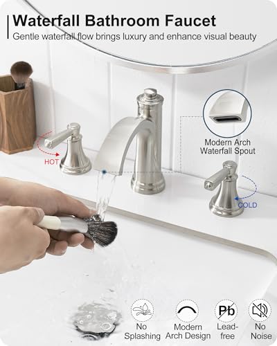 Brass Waterfall Bathroom Faucets, Brushed Nickel Bathroom Faucet 4-16 Inch, 2 Handle Widespread Bathroom Sink Faucet 3 Hole with Pop Up Drain and Supply Lines - color: Brushed Nickel