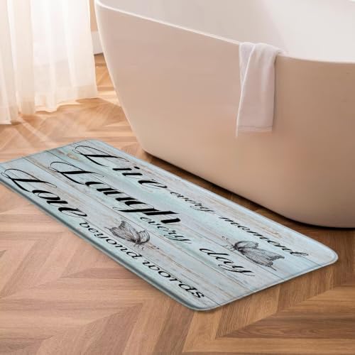 Live Laugh Love Bath Mat Rustic Teal Wooden Board Butterflies Inspirational Quotes Positive Motto Phrase Bathroom Kitchen Toilet Rugs,24x71 Inch - size: 2' x 5'11" (Rectangular)