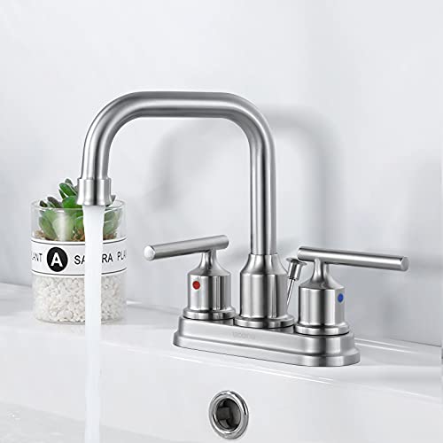 WOWOW Centerset Bathroom Faucet Brushed Nickel: 4 Inch Bathroom Sink Faucets with Lift Rod Drain Assembly Vanity Faucet 2 Handle High Arc Taps Modern - color: Brushed Nickel, style: Centerset - 4 Inch