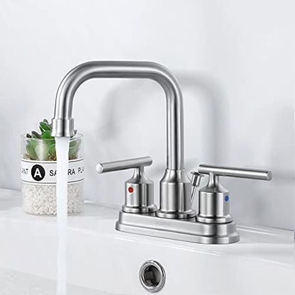 WOWOW Centerset Bathroom Faucet Brushed Nickel: 4 Inch Bathroom Sink Faucets with Lift Rod Drain Assembly Vanity Faucet 2 Handle High Arc Taps Modern - color: Brushed Nickel, style: Centerset - 4 Inch