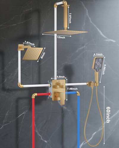 Shower System with Pressure Balance Valve, 12" Ceiling Mount Shower Faucet Set with 2 Rain Shower Head And Multi-function Handheld Head Push Button Diverter Pressure Balancing Valve Kit, Brushed Gold - color: Brushed Gold, style: 12"-Square-01