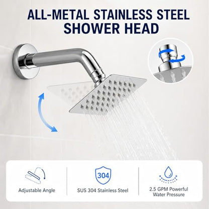 4 Inch Square Shower Head, Fixed Chrome Shower Head Stainless Steel, Rain Shower Head Screw On Easy Install, Wall Mounted Metal Chrome Finish - size: 4 Inch Square