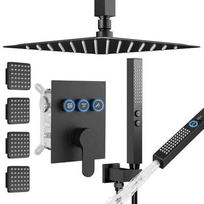 STARBATH Shower System with Body Jets, 12" Rainfall Shower head with 2 in 1 Handheld Spray, Can Use All at Once,Ceiling Mount Push Button Complete Shower Faucet Set with Valve and Trim Kit Matte Black - color: Matte Black, size: 12"-01