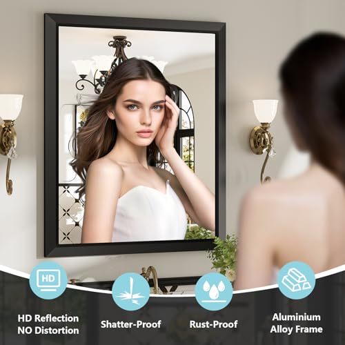 28x36 Inch Black Bathroom Mirror for Wall, Beveled Framed Rectangle Bathroom Vanity Mirrors for Over Sink, Bedroom, Living Room, Entryway, Anti-Rust, HD Tempered Glass, Horizontally/Vertically - size: 28"L x 36"W