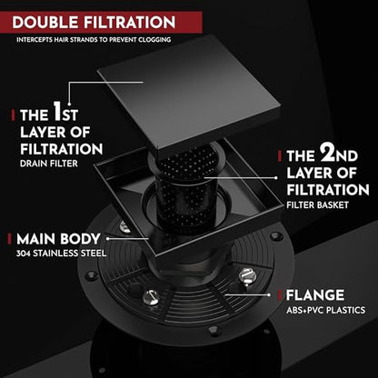 4 Inch Square Shower Drain Black Floor Drain with Flange Reversible 2-in-1 Cover Tile Insert Grate Removable SUS304 Stainless Steel CUPC Certified Matte Black - color: Matte Black, size: 4 Inch