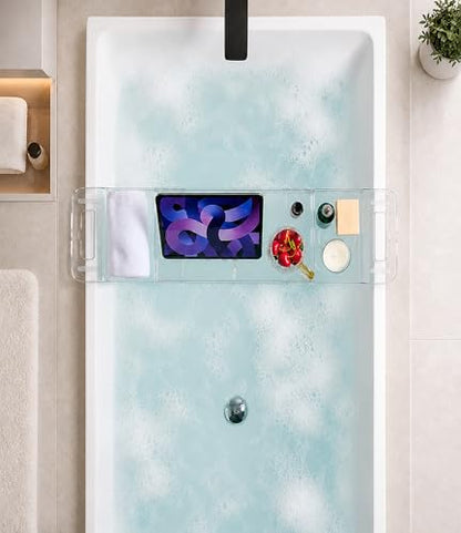Bathtub Caddy Tray,Adjustable Bathtub Tray Table, Bath Organizer for Relaxing Spa-Features 2 Cup Holders, A Phone Stand with 5 Angle Adjustments,Non-Slip Silicone Pads,Won't Get Moldy,Easy to Clean.