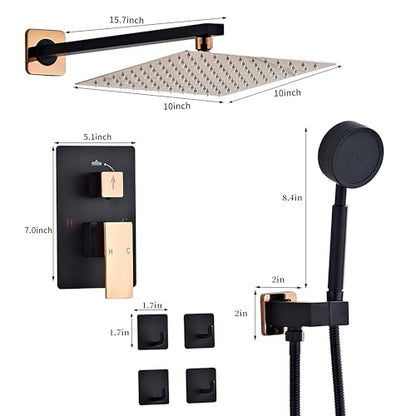 Black Gold Rainfall Shower Head, Wall Mounted 10 Inch Shower Heads with Handheld Spray Combo, Luxury Bathroom Square Rain Shower System, Solid Brass Pressure Balancd Shower Faucet Valve - color: Black Gold, style: 10 Inch