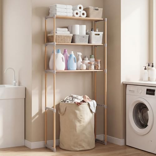 Giantex Over The Toilet Storage Shelf, 3-Tier Pine Wood Space-Saving Above Toilet Shelf Rack, Freestanding Over Toilet Bathroom Organizer for Laundry, Balcony, Restroom