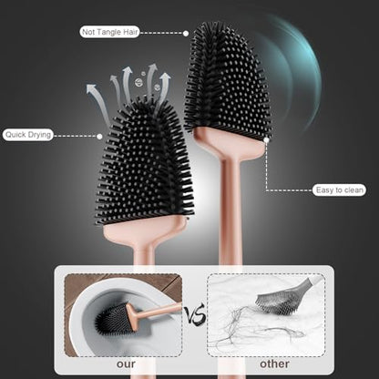 Silicone Toilet Brush, Ventilation Slots Holder 1 Pack, Rose Gold | Flexible Bristles Flat Head for Rim, Hair Tangle-Free, Easy to Clean, Compact Design, Rustproof Handle, for Toilet/Sink/Tub - color: Rose Gold