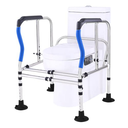 Toilet Safety Rail Frame, Heavy Duty Stand Alone Toilet Rail with Handles for Elderly Handicap, Adjustable Height & Width, Double Crossbar & Suction Cups, 330lbs Capacity, Fits Most Toilets