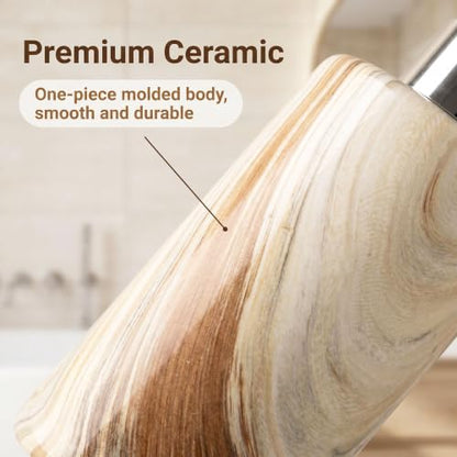 Ceramic Bathroom Accessories Set of 4, Marble Wood Grain Bathroom Vanity Set,Soap Dispenser, Toothbrush Holder, Tumbler & Soap Dish Modern Bathroom Organizer - color: Round Beige