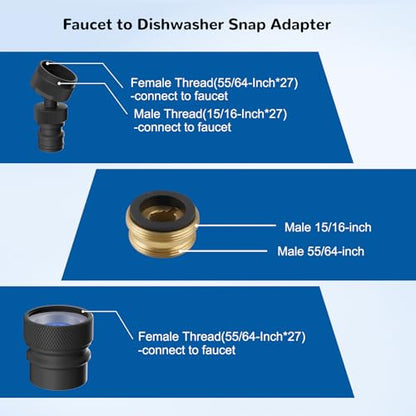 Hibbent 2 PACK Faucet to Dishwasher Adapter, Quick-Connect Dishwasher Snap-On Connection, with Swivel Ball Joint and Faucet Aerator, Male 15/16 Inch and Female 55/64 Inch, Matte Black - color: Matte Black