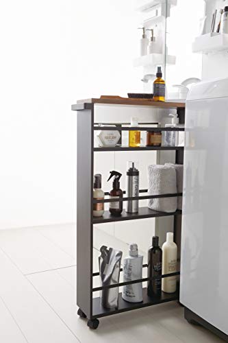 YAMAZAKI home Tower Rolling Slim Storage Cart With Handle Black | Narrow kitchen storage cabinet with built-in handle. Slim rolling storage cart with wheels. Easy assembly. Keeps items tidy. - color: Black