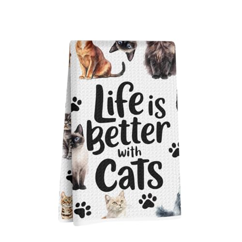 Jztco Cute Cat Kitchen Towels, Floral Cats Gifts Reusable Hand Tea Towel, Waffle Dish Towels for Kitchen Home Bathroom Decor, Cat Lover Gifts for Women Mom 24x14 Inch - color: Multi 1498